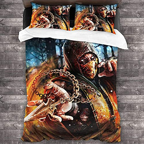 ANSSON Mortal Kombat Kinder Bettwäsche Scorpion Spielfan Bettbezüge und 2 Kissenbezug,Schlafzimmer dekorative Bettwäsche-Sets Pflegeleicht (240x220cm+80x80cmx2, Mortal3)