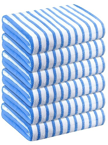 JML Microfiber Beach Towels 6 Pack Quick Dry Absorbent for Adults Travel Summer Sports Swimming Pool Yoga Camping Blue White with Cabana Stripe (30x60 Inch)