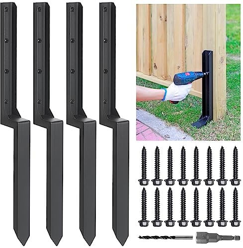 Epcee Heavy Duty Steel Fence Post Repair Stakes, Fence Post Anchor Ground Spike, for Repair Tilted/Broken Wood Fence Post (4 Pack/Black）