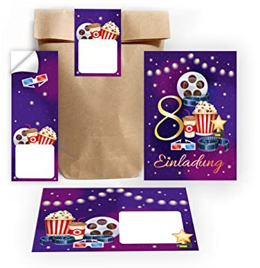 12 Einladungskarten zum 8. Kindergeburtstag Kino achte Geburtstag Mädchen Jungen Cinema Kino-Party incl. 12 Umschläge, 12 Tüten/natur, 12 Aufkleber