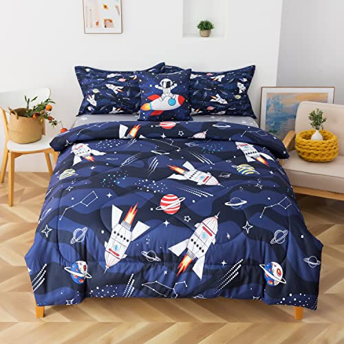 qjmiaofang Space Twin Bettwäsche-Set, 6-teilig, Astronauten-Bettwäsche für Kinder, Jungen, Weltraum-Bettdecke mit Stern-Bettlaken für alle Jahreszeiten, Galaxie-Thema, Rakete, Planet, Bettwäsche-Set
