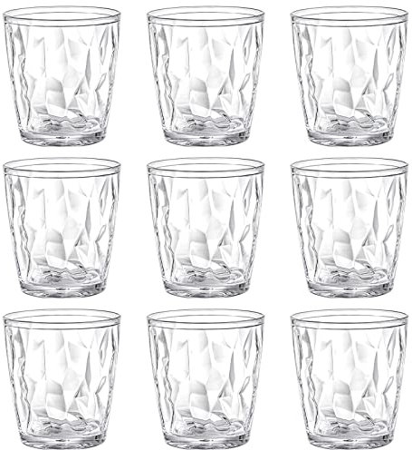 Hedume 9 Pack 10-Ounce Plastic Water Tumblers, Transparent Drinking Glasses, Clear Acrylic Reusable Juice Wine Cups Stackable for Home, Picnic Party