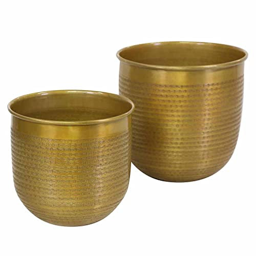 Casa Moro Orientalischer Blumentopf Barcelona 2er Set klein in Antik-Gold Look rund aus Aluminium mit Hammerschlag Luxus Metall Übertopf Boho Pflanzkübel ABK205