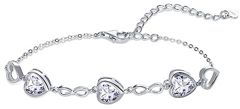 Qings 3 Herz Moissanit Geburtsstein Armband Damen Silber 925 April Infinity Unendlichkeit Armkette mit Zirkonia Charms Verstellbar Kristall Armbände Geburtstag Weihnachten Geschenk für Mädchen Ihr