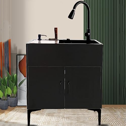 Küchenspüle mit unterschrank,spülbecken edelstahl,Freistehend Verpflegung Kommerziell Spüle mit Wasserhahn,Outdoor Indoor Utility Spüle für Garage,Restaurant,Waschküche,Werkstatt ( Color : Nero , Size