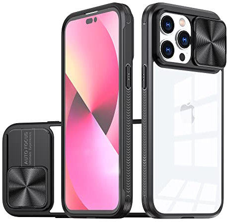 OUBELI Coque Transparente pour iphone 14 Pro Case, avec Lentille Coulissante Caméra Protection Étui, Jamais Jaune, Antichoc Silicone TPU Bumper + Premium PC Coque Rigide-Noir.