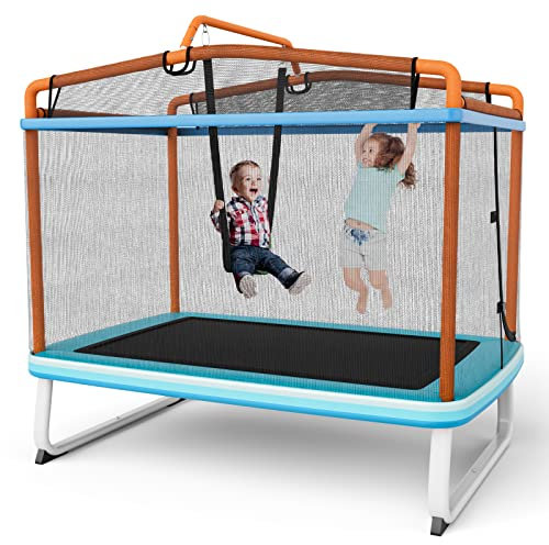 COSTWAY 3 en 1 Cama Elastica Infantil, Trampolín para Niños Multifuncional con Columpio y Barra Horizontal, con Red de Protección, para Exterior/Interior, 190 x 124 x 222 cm Azul y Naranja