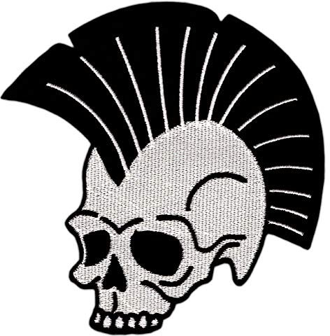Totenkopf Punk Frisur Irokesenschnitt Iro Aufnäher zum aufbügeln oder aufnähen Bügelbild Aufbügler für Kleidung gestickter Bügelpatch Applikation Patch Größe 10,3 x 10,5 cm