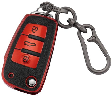 ERMWALR Coque de clé de voiture pour Audi avec porte-clés, 3 boutons en cuir et TPU, étui de protection pour clé de voiture Audi A1 A3 A4 A6 A8 Quattro Q2 Q3 Q7 S3 S6 RS3 RS6 R8 TT TTS (PW-Ad-3-R)