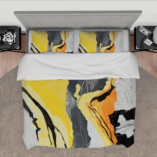Set de Funda de Edredón Moderno 3 Piezas Tinta Abstracta Amarilla Patrón Geométrico Juego de Ropa de Cama Transpirable para el Dormitorio con 2 Almohadas Shams 4 Lazos Cremallera 240 x 220 cm