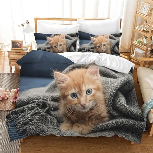 Leleyouzer 3D Katze Bettwäsche Set,Kinder Bettwäsche Set,Mikrofaser Bettwäsche Katzenmotiv mit Reißverschluss + 2 Kissenbezüge 50 x 75cm (Katzen 3, 135×200 cm)