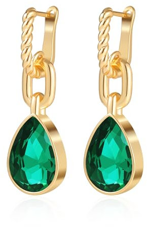 Mesovor Gold Kristall Creolen Ohrringe für Damen, 18 Karat Vergoldet Verdrehte Huggie Ohrringe | Grüne Schwarze Kristall Wasser Tropfen Hängend Ohrringe Schmuck Geschenke (Grün)