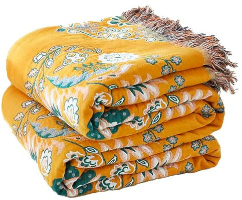 VANJOROY Boho Throw Blanket, 100% Cotton Soft Sofa Bed Throw-Floral Farmhouse Decor Blanket, Reversible Bohemian Throw for Chair Couch Quilt and Gift, 60 x 80-Yellow