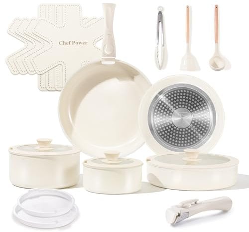Chef Power Set di pentole in ceramica atossiche con manici staccabili, padelle e pentole antiaderenti sane, set da 19 pezzi, set da cucina a induzione, lavabili in lavastoviglie, senza PFAS PFOA e