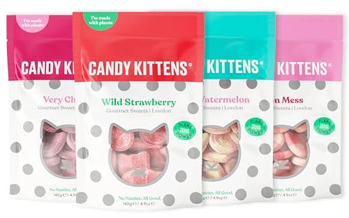 Candy Kittens Vegan Sweets THE OG Selection (4 x 140g), Vegan Chewy Sweets Bundle - Four Packs - Wild Strawberry, Sour Watermelon, Eton Mess & Very Cherry, Ideal Vegetarian Gifts & Treats