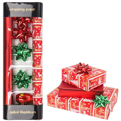 HBell Weihnachts-Geschenkpapier-Rolle, 43 cm x 5 m, rotes Weihnachts-Geschenkpapier, Kraftpapier, mit Bändern und Schleifen, geeignet für Weihnachten, Geburtstag, Party, Festival-Dekorationen
