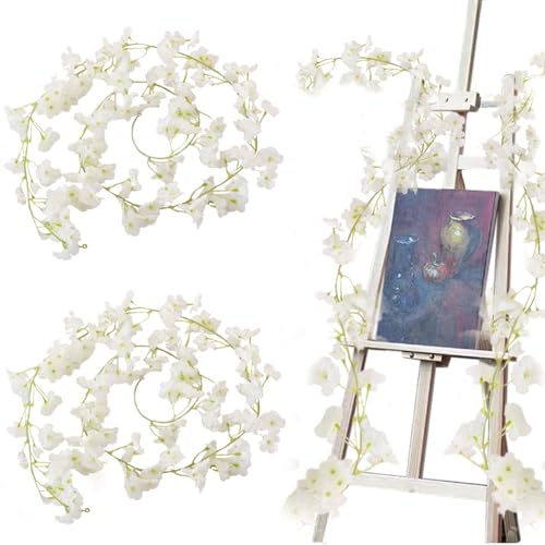 HNLMZ Künstliche Kirschblüten Girlande,2 Stück 1,8M Blumengirlande Hangend Vine Seidenblumen Dekor,135 Blütenköpfe Kunstblumen Hängen für Hochzeit, Party, Zuhause, Garten, Bogenwand(Weiß)