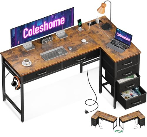 Coleshome Scrivania Angolare con 6 Cassetti, Scrivania Salvaspazio a L con Presa di Corrente, Tavolo PC e Scrivania Computer, Scrivania Ufficio Reversibile (Marrone Vintage, 126x80 cm)