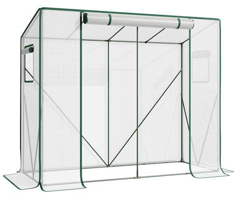 LARMNEE Tomaten Gewächshaus, Foliengewächshaus, Tomatengewächshaus Balkon, Tomatenhaus Stabil, 200 x 77,5 x 170 cm, mit PE Gitterfolie und Fernster, Schrägdach, Garten, Weiß EWT30GH02G3