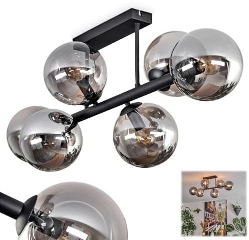 HOFSTEIN Deckenleuchte Gastor, 6-flammige Deckenlampe aus Metall/Glas in Schwarz/Rauch, moderne Leuchte im Retro/Vintage-Design (Schirme Ø 15 cm), E14, Esszimmer, Wohnzimmer, Schlafzimmer, Küche, Flur
