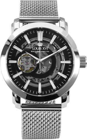 LOUIS XVI Versailles 2.0 Automatik 1920 - Ø 43.5 mm - Herren Uhr - Wasserdicht - Skelettuhr - Armband Silber - Zifferblatt Schwarz – Automatikuhr