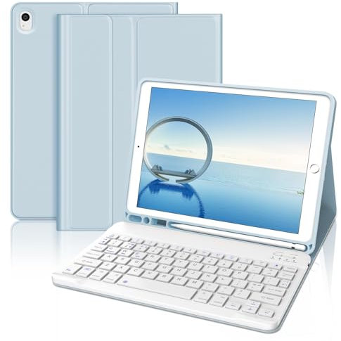 JADEMALL Keyboard Case for iPad 10.2 9th/8th/7th Generation, Wireless Bluetooth Detachable Keyboard, Slim Cover with Pencil holder for iPad 10.2 Inch/Air 3/Pro 10.5 Inch 2017, Sky Blue