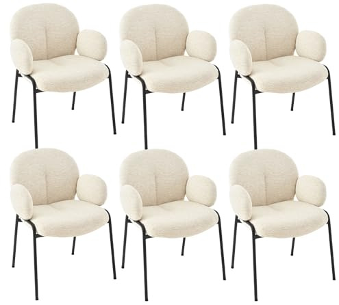 Goeurvant Esszimmerstühle 6er Set Beige mit Armlehne - Moderne Polsterstühle mit Hoher Lehne,Metallgestell,Höhenverstellbare Füße,Leinen Küchenstühle für Wohnzimmer,Esszimmer,Schlafzimmer