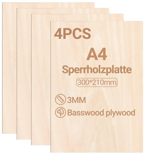 Jiubiaz Placa de madera contrachapada de 3 mm, 300 x 210 mm, 4 unidades, madera de tilo para manualidades, madera para modelismo, grabado láser, grabado láser, madera, pintura al óleo