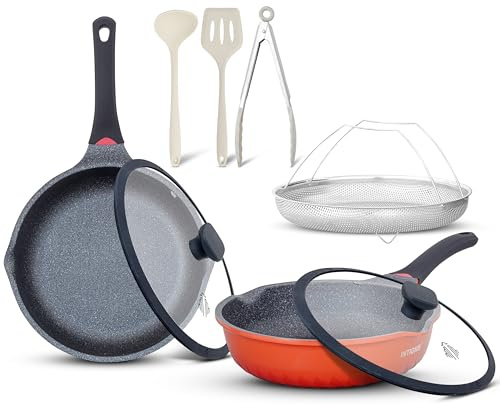 Ensemble 7-pièces poêles profondes céramique antiadhésive avec ustensiles & couvercles en verre – poêles 28/30 cm bords verseurs, empilables, écologique de luxe,compatible induction (Orange, 28/30 CM)
