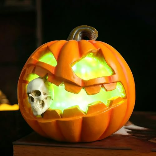 Halloween Kürbis Lampe mit Totenkopf Figur, LED Leucht Dekoration aus Harz | Kürbisse Skelett Lichters Dekoration, für Halloween Deko Outdoor, Innen Tischdeko, Party Deko