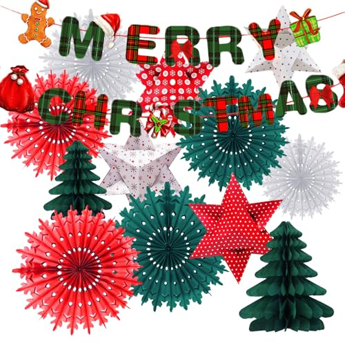 19 Pieces Xmas Decorations for Indoors, Christmas Hanging Decorations, Retro Christmas Hollowing Out Paper Fans Honeycomb Ball Suitable for Winter Festivals, New Year, Home Party