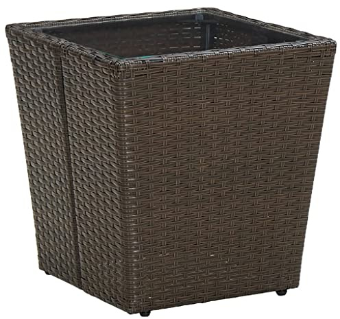 QUAHEAS Beistelltisch Braun 41,5x41,5x44 cm, Poly Rattan und Hartglas, robuster Outdoor Tisch für Terrasse, Garten und Balkon, wetterfest