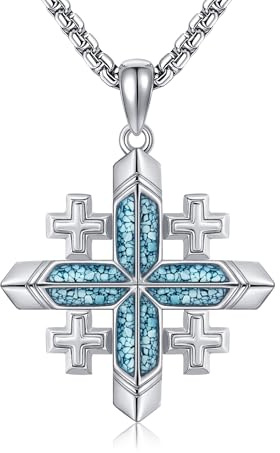 DAYLINLOVE Jerusalem Kreuz Halskette 925 Sterling Silber Türkis Jerusalem Kreuz Anhänger mit Edelstahl Kette Glaube Weihnachtsschmuck Geschenk für Männer