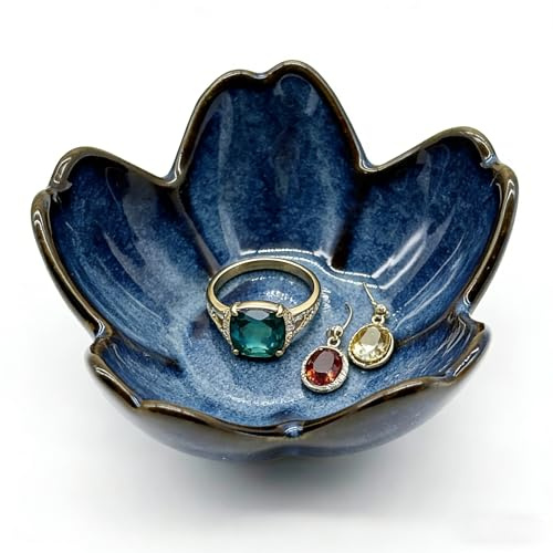 BESSKON Ring Dish, Ceramic Jewelry Tray, Trinket Holder for Bathroom Nightstand, Small Decorative Bowl (Blue)