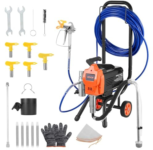 VEVOR Stand Airless Paint Sprayer, 1500W, 3300PSI High Pressure Airless Sprayer with Cart, Cleaning Brush, Hose, Extension Rod, Nozzles, Electric Spray Paint Machine for Large Apartments, Buildings