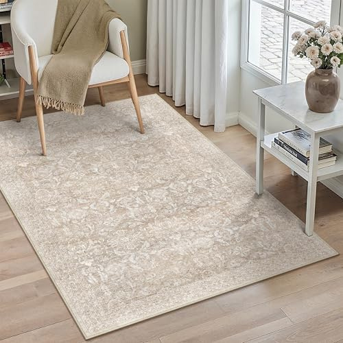 PureCozy Beige Vintage Teppich Wohnzimmer 80x150cm Waschbar | Waschbarer Teppich, Weich Rutschfest, Kurzflor im Retro, für wohnzimmerteppich Schlafzimmer Esszimmer Büro, Carpet Teppiche