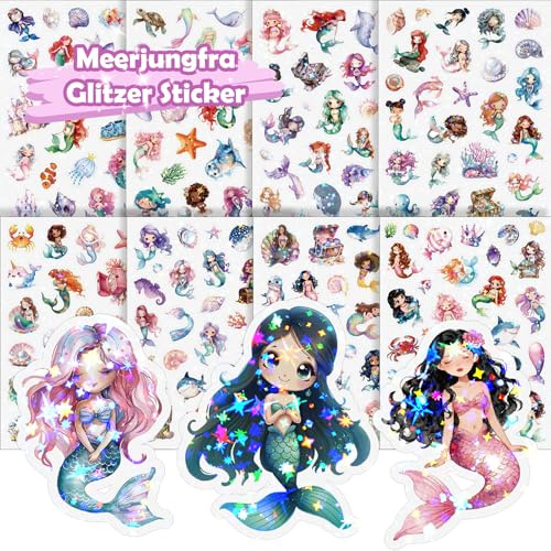 Meerjungfrau Sticker Kinder, 8 PCS Glitzer Meerjungfrau Aufkleber | Holografische Folie Entschieden, Geeignet für Bücher, Schultaschen, Tablets, Fahrräder, Trinkbecher