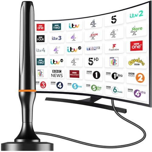 Indoor TV Aerial, 2026 Indoor Aerial for Smart TV, 600+ Miles Range Digital TV Aerial Indoor for Freeview with Magnetic Base, Support 4K 1080P HD Freeview Local Channels, 10FT Coax Cable, Orange