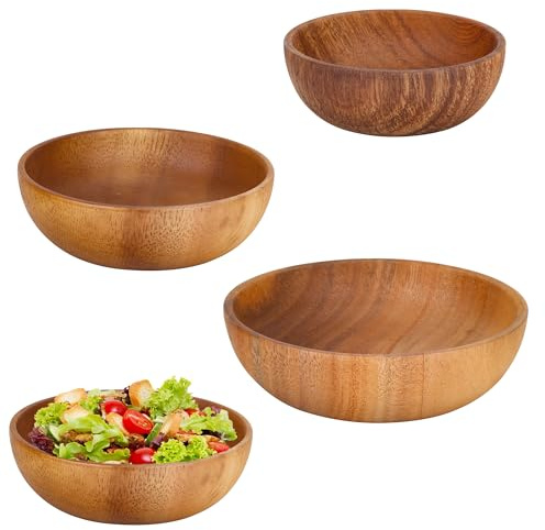YKUKIZEE 3 PCS Acacia Wooden Salad Bowl 12 14 16 CM Round Wood Mixing Bowl | Wooden Serving Bowl, for Smoothie, Fruits, Vegetables, Cereal, Yogurt, Dessert, Snack