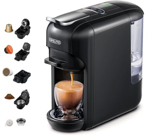 CAFELFFE MK-606 5-in-1 Einzelportionskapsel-Kaffeemaschine,19 Bar Heiß-/Kaltgebrüh-Espressomaschine, kompatibel mit K-Cup/Nes Original/DG/44 mm ESE&Gemahlen,7 Wasserstufen,Zuhause/Büro,Schwarz
