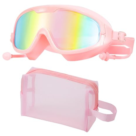 ZXTGBQ Set de Gafas de Natación en Color Rosa con Neceser Transparente de Malla, Montura Grande Gafas Natacion, Antivaho de Visión Clara, para Piscina y Aguas Abiertas