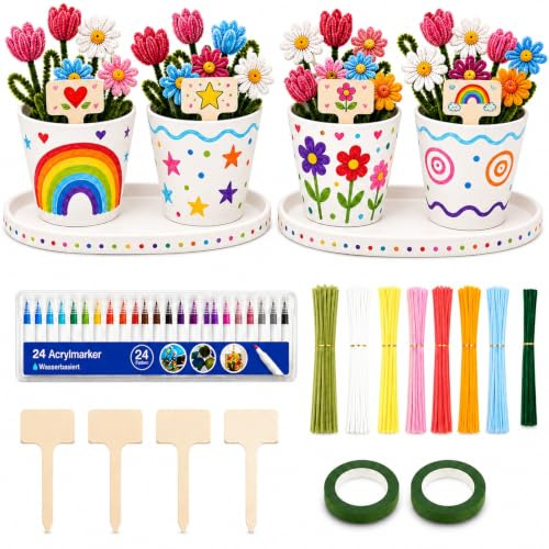 Eruaolytic 476-tlg. Blumentopf Bemalen Set & Pfeifenreiniger Blumen Set | 4 Kunststofftöpfe in Keramik-Optik, 24 Acrylmarker, 400 Pfeifenreiniger & 40 Blumenstiele – Töpfe bemalen & Blumen basteln
