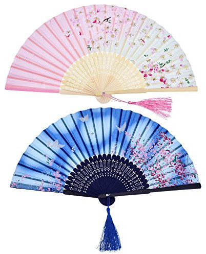 2 Stücke Folding Fans Hand Fans Bambus Fans mit Quaste Frauen Ausgehöhlten Bambus Hand Halten Fans für Wanddekoration, Geschenke (Blau Schmetterling und Rosa Kirschmuster)