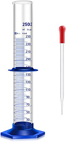 Dicker Messzylinder aus Glas mit Antialling-Kunststoff-Basis und Stoßstangenschutz und Glaspipette (Glas, 250 ml)
