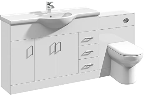 VeeBath Linx 1700 Vanity Unit Furniture Set, Wash Basin Bathroom Sink, WC, Toilet Pan, Soft Close, Quick Release Toilet Seat with Concealed Cistern-White (Flat Pack)