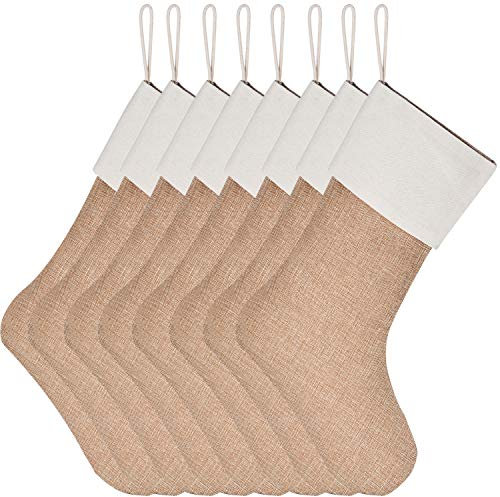 Sunshane 8er Set Weihnachsstrumpf Sackleinen Kamin Weihnachtssocken zum Befüllen & Aufhängen für Weihnachtsdeko Oder DIY, Flachs