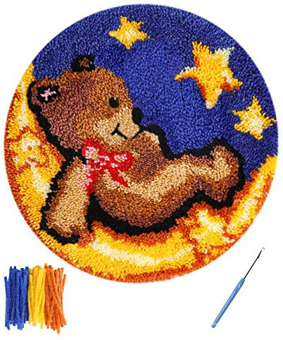 ROCKY&CHAO Latch Hook Rug Kits Round Cushion Carpet Embroidery Kit for Home Decor, Bear On Moon, 50 X 50 cm (ZD-01)