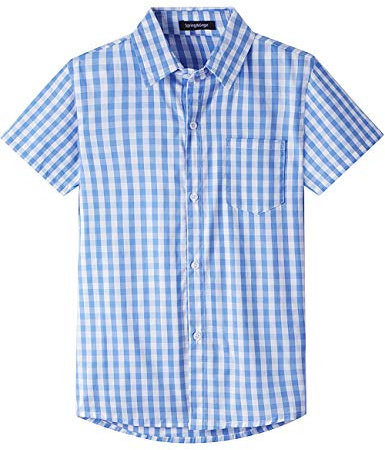 Spring&Gege Boys' Short Sleeve Poplin Button Down Shirt Cotton Plaid Uniform Dress Shirts, Blue Large Check Gingham, Size 11-12 Years