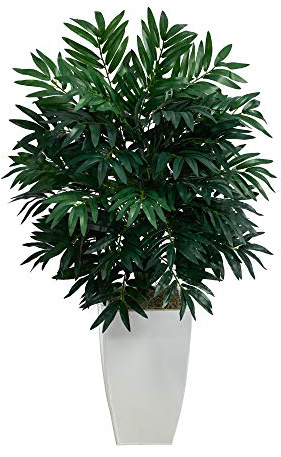 Nearly Natural 3ft. Bamboo Palm Artificial Plant in White Metal Planter