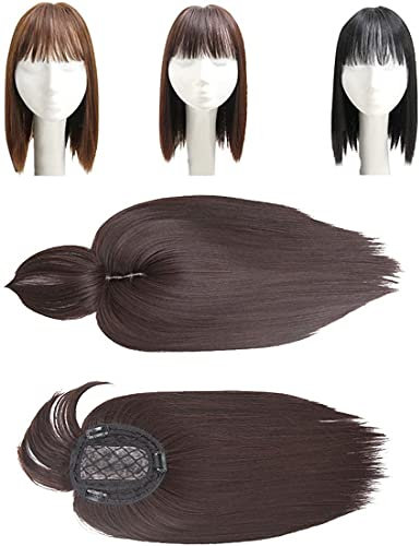 Kunsthaar Topper Clip auf Haarteil mit Wispy Pony 14 Zoll Schulterlänge Crown Topper Toupet für Damen, Dunkelbraun